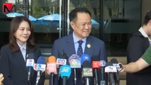 Thai Prime Minister Anutin Charnvirakul speaking at press event