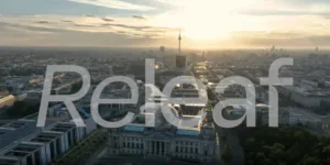 Releaf logo overlaying a cityscape, symbolising its UK-to-Germany digital health expansion.