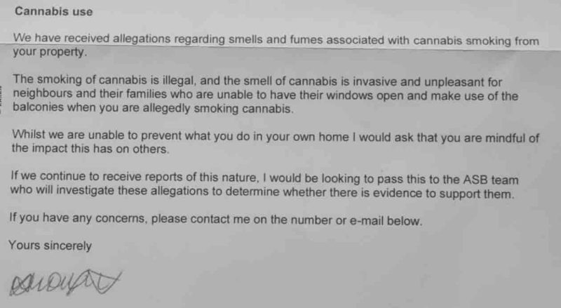 clipping of letter received by medical cannabis patient from housing associations