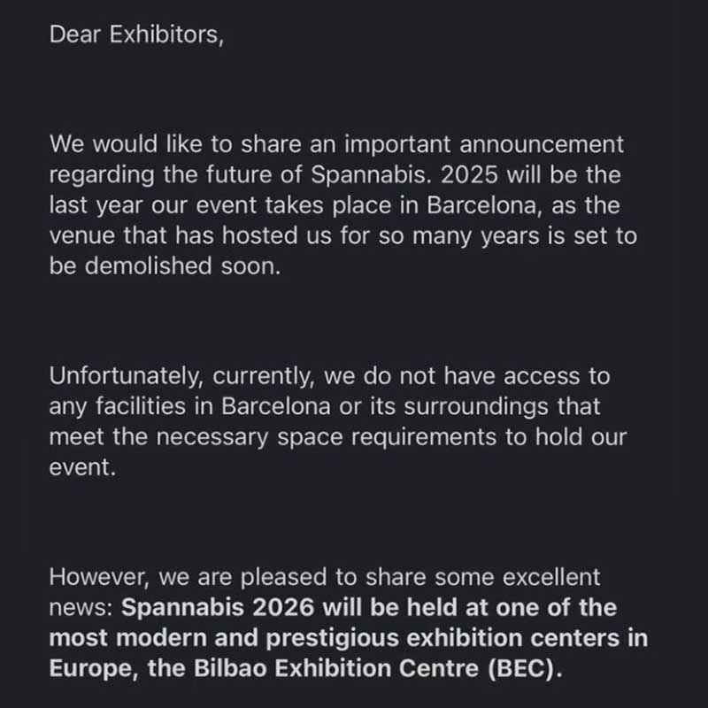email about spannabis ending in barcelona and moving to bilbao